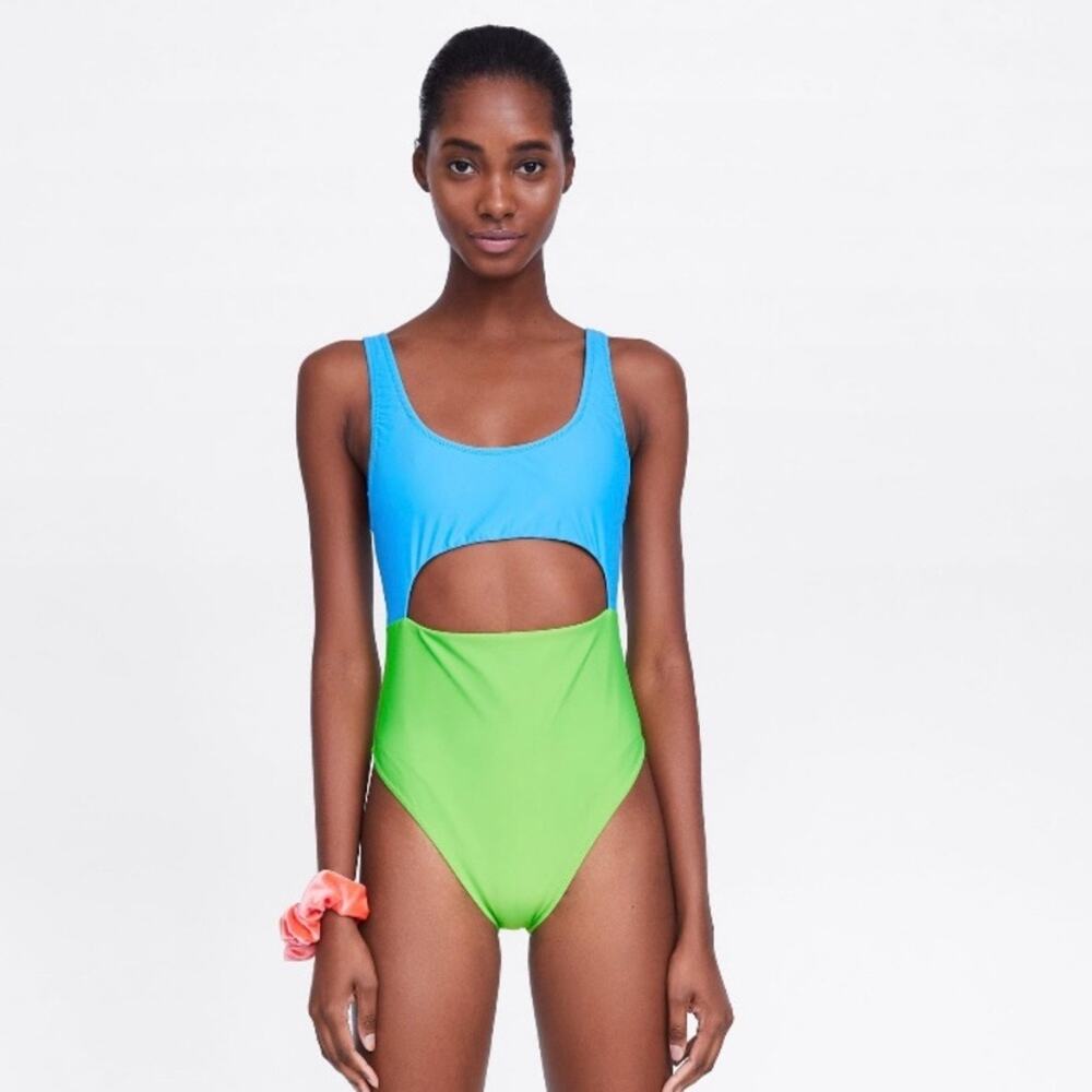 Zara Neon Green Blue Colorblock Cut Out One Piece Swimsuit Size Medium